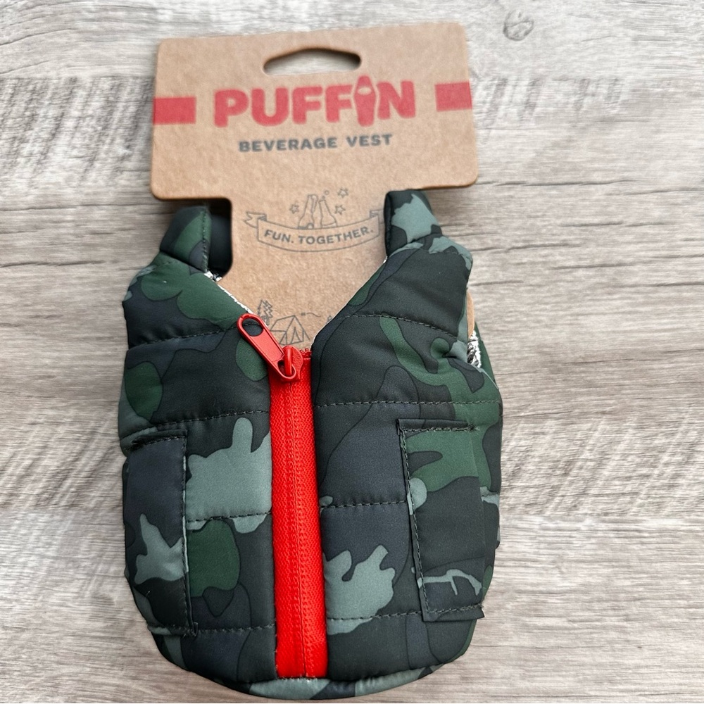 Puffin The Puffy Beverage Vest Insulated Can Cooler Camo Green & Orange
